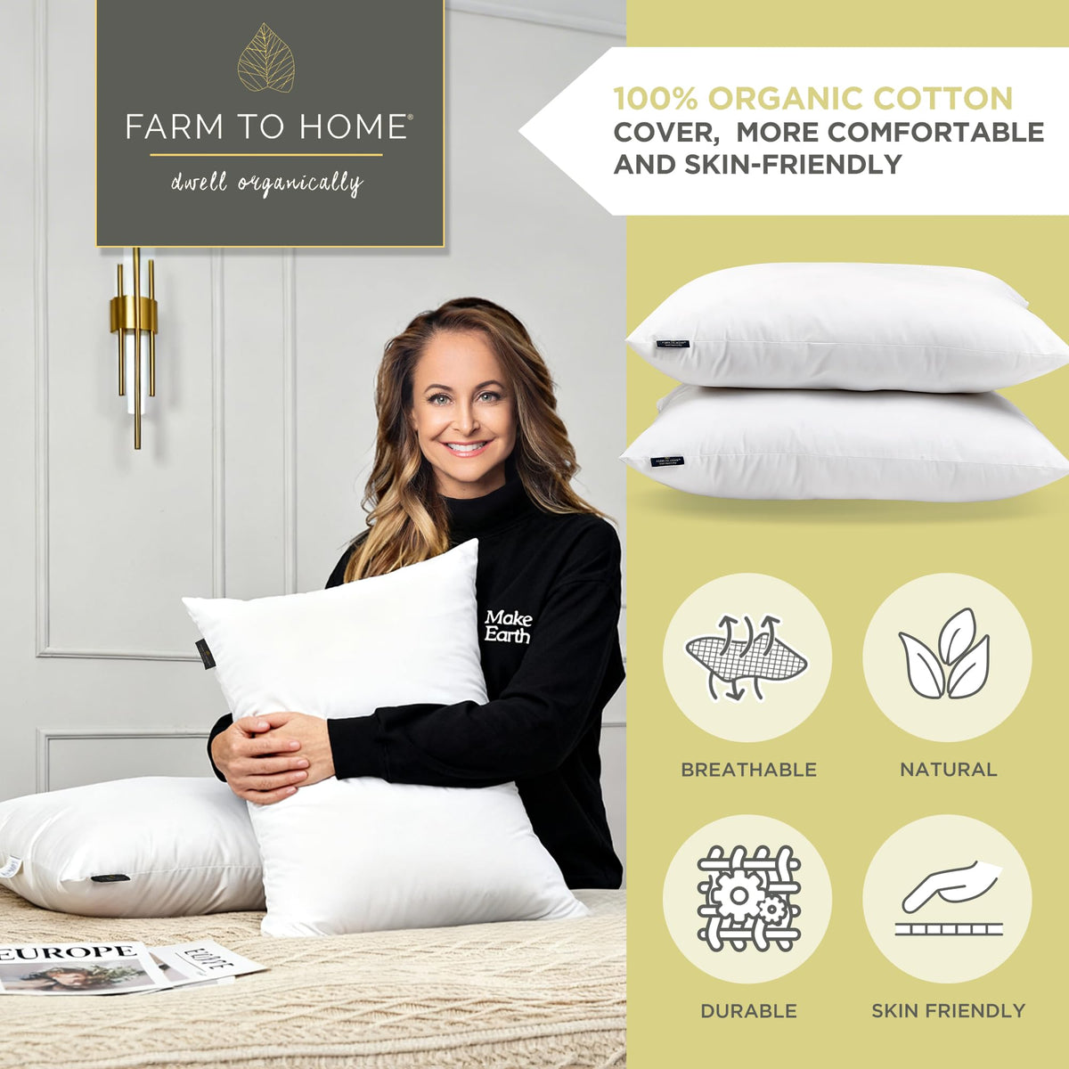 Feather and Down Pillows, 100% Organic Cotton Cover W1639