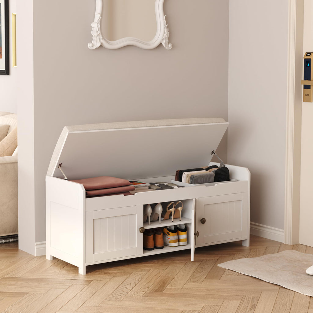 White Lift Top Storage Shoe Bench with Cushioned Seat A25158