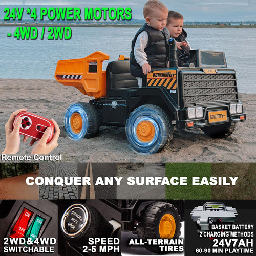 24V Ride On Dump Truck, 2-Seater Kids Electric Car, Yellow M7927