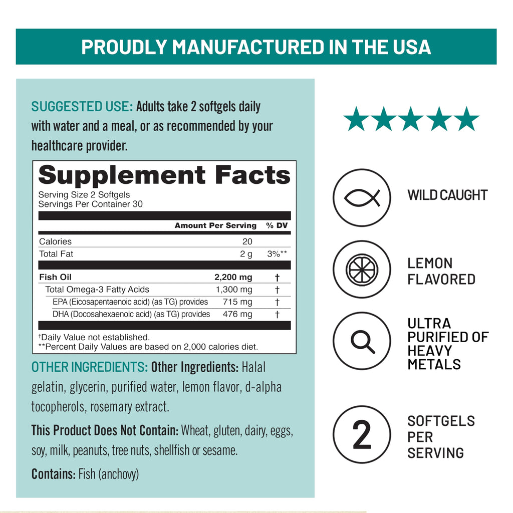 Omega 3 Fish Oil 2200 mg Lemon Flavor 60 Softgels N283