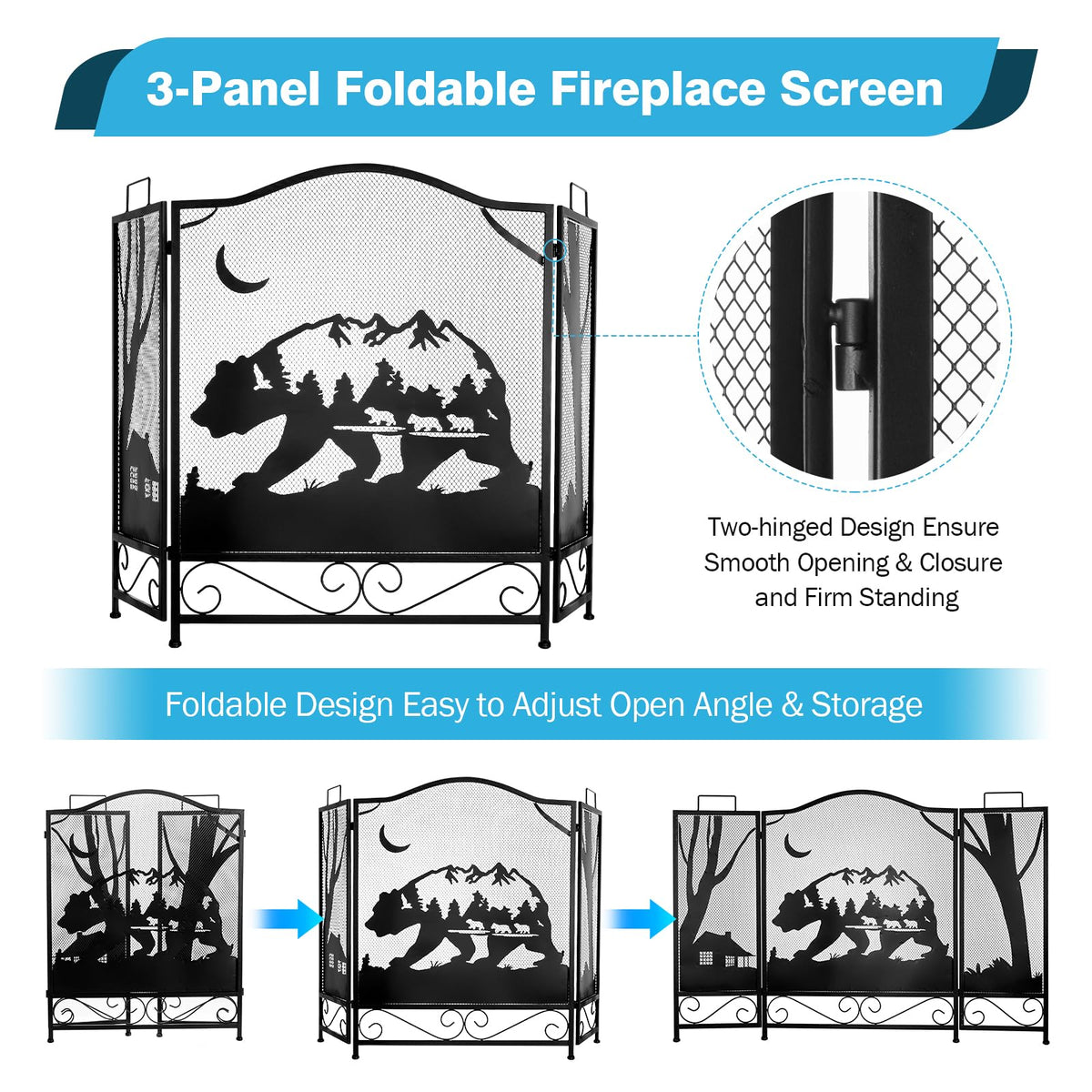 3-Panel Folding Metal Fireplace Screen Black R7809