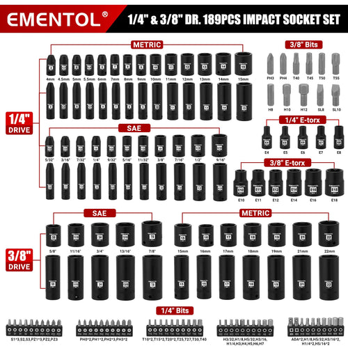 189-Piece Impact Socket Set, 1/4" & 3/8" Drive Metric and SAE R468988