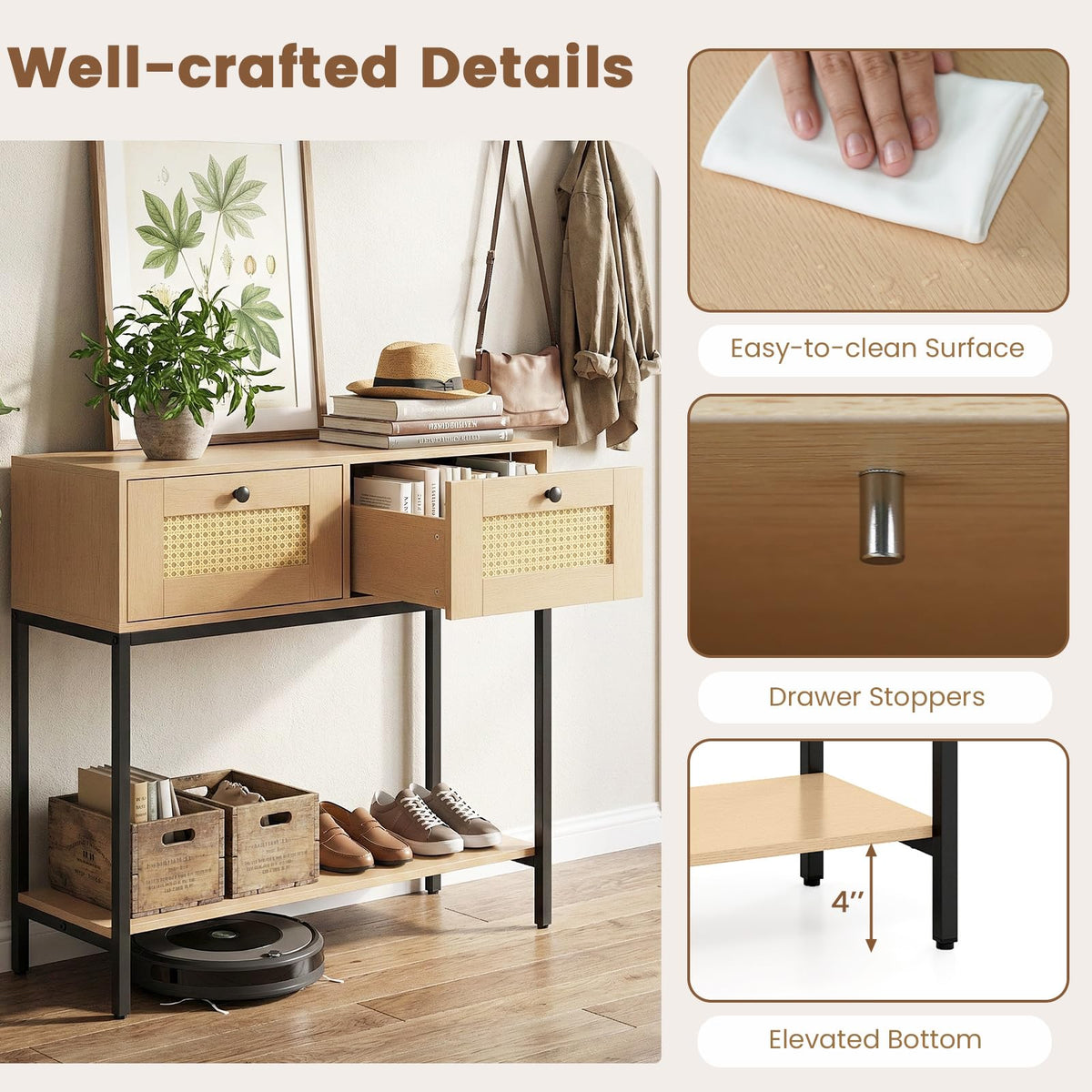 Oak Rattan Console Table with 2 Drawers Q92880
