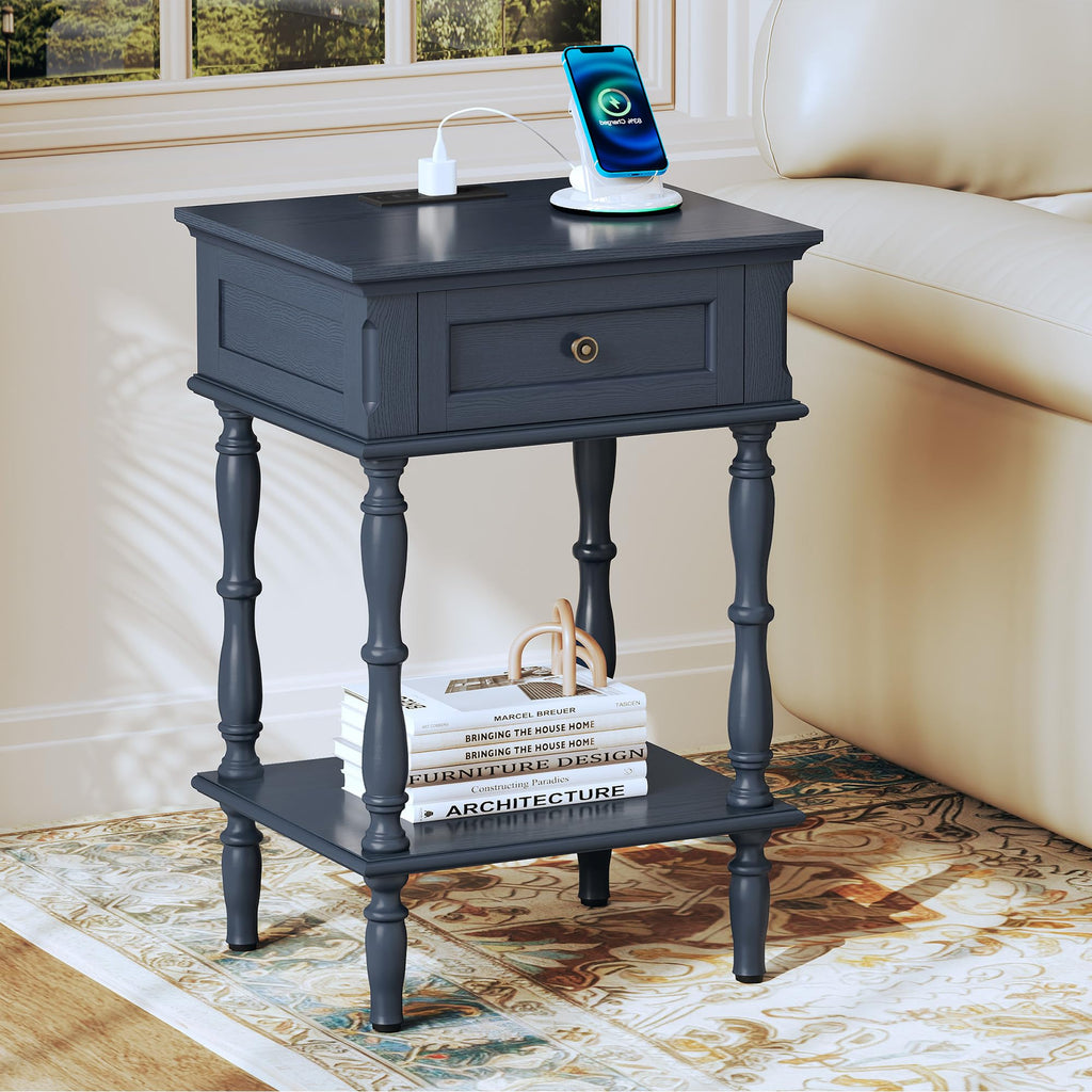 Blue Nightstands Set of 2 with Charging Station & Storage Shelf N73649