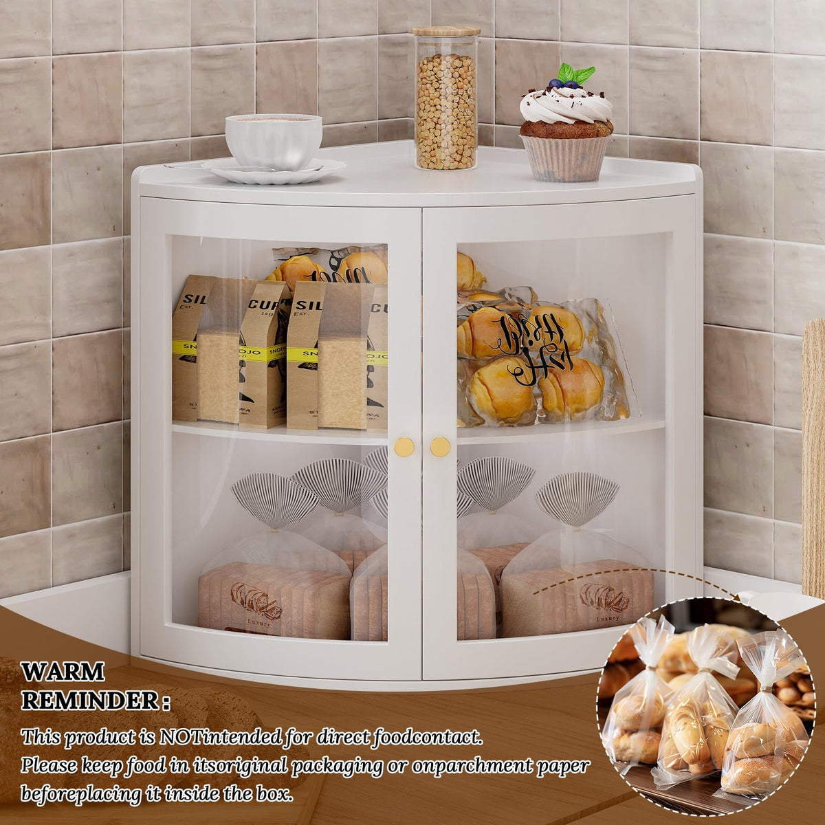 White Double Layer Large Bread Box with Acrylic Doors F18176