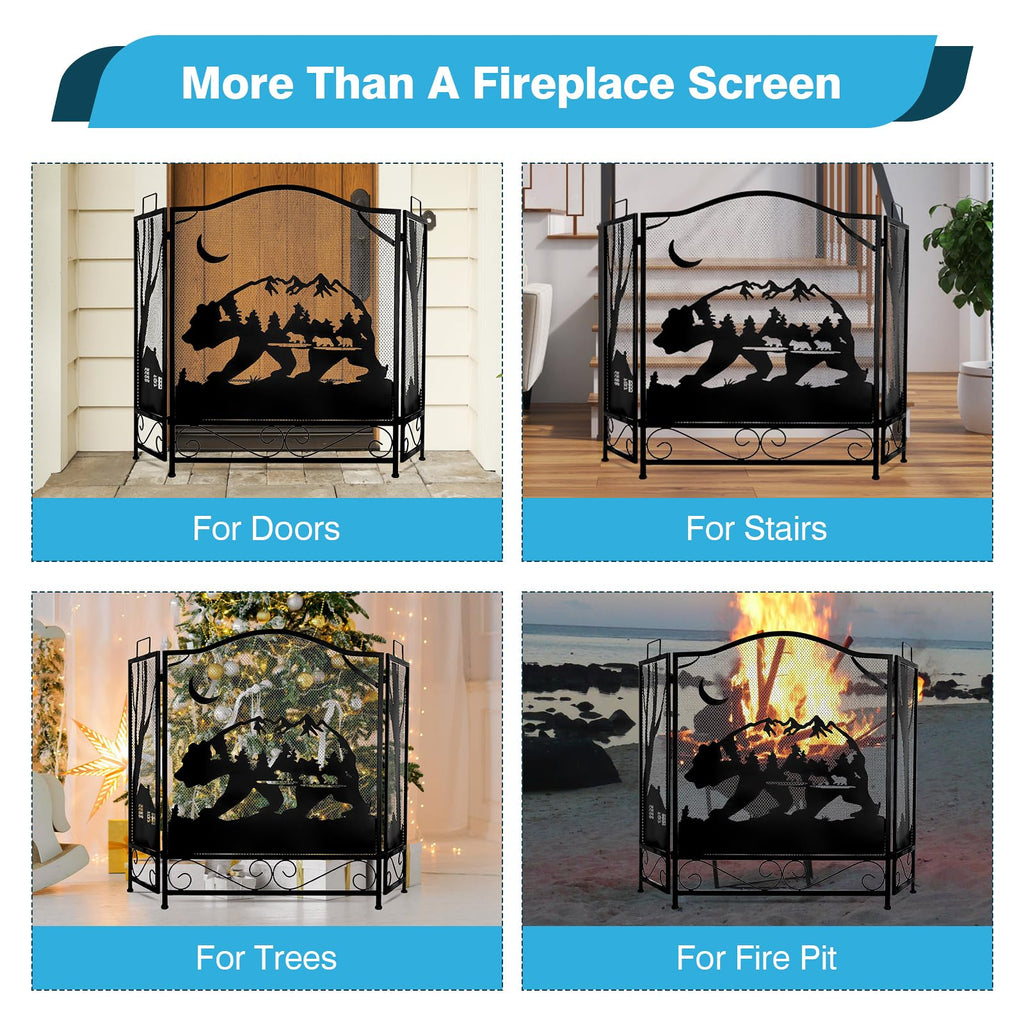 3-Panel Folding Metal Fireplace Screen Black R7809