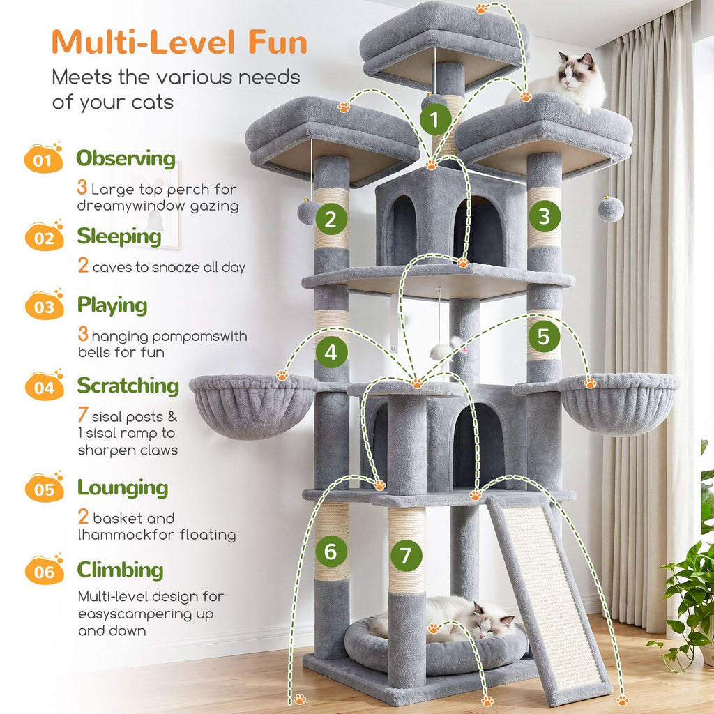 70 Inch Light Grey Cat Tree with Scratching Post U98382
