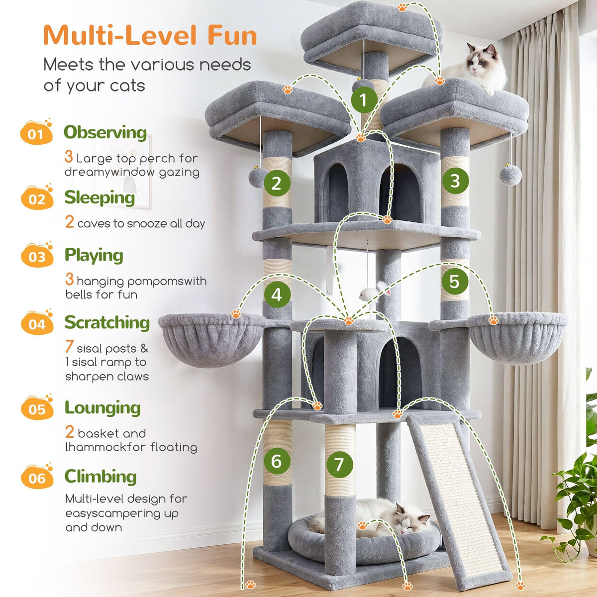 70 Inch Light Grey Cat Tree with Scratching Post U98382