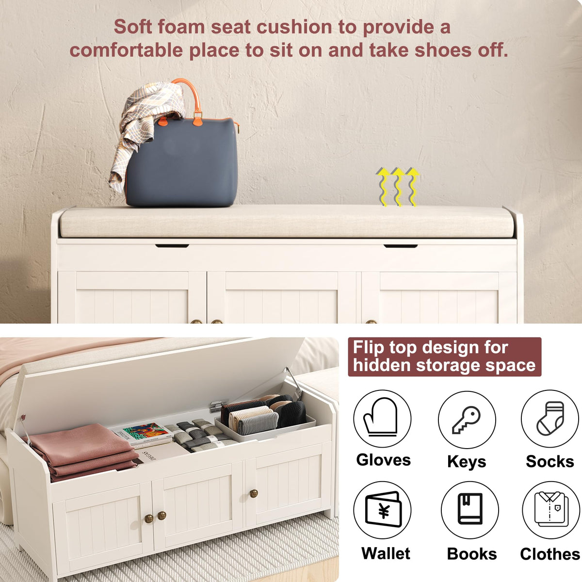 White Lift Top Storage Shoe Bench with Cushioned Seat A25158