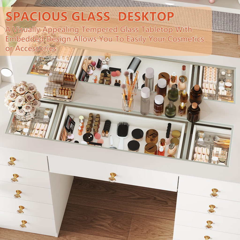 White Vanity Desk with Mirror and 10 LED Lights E398