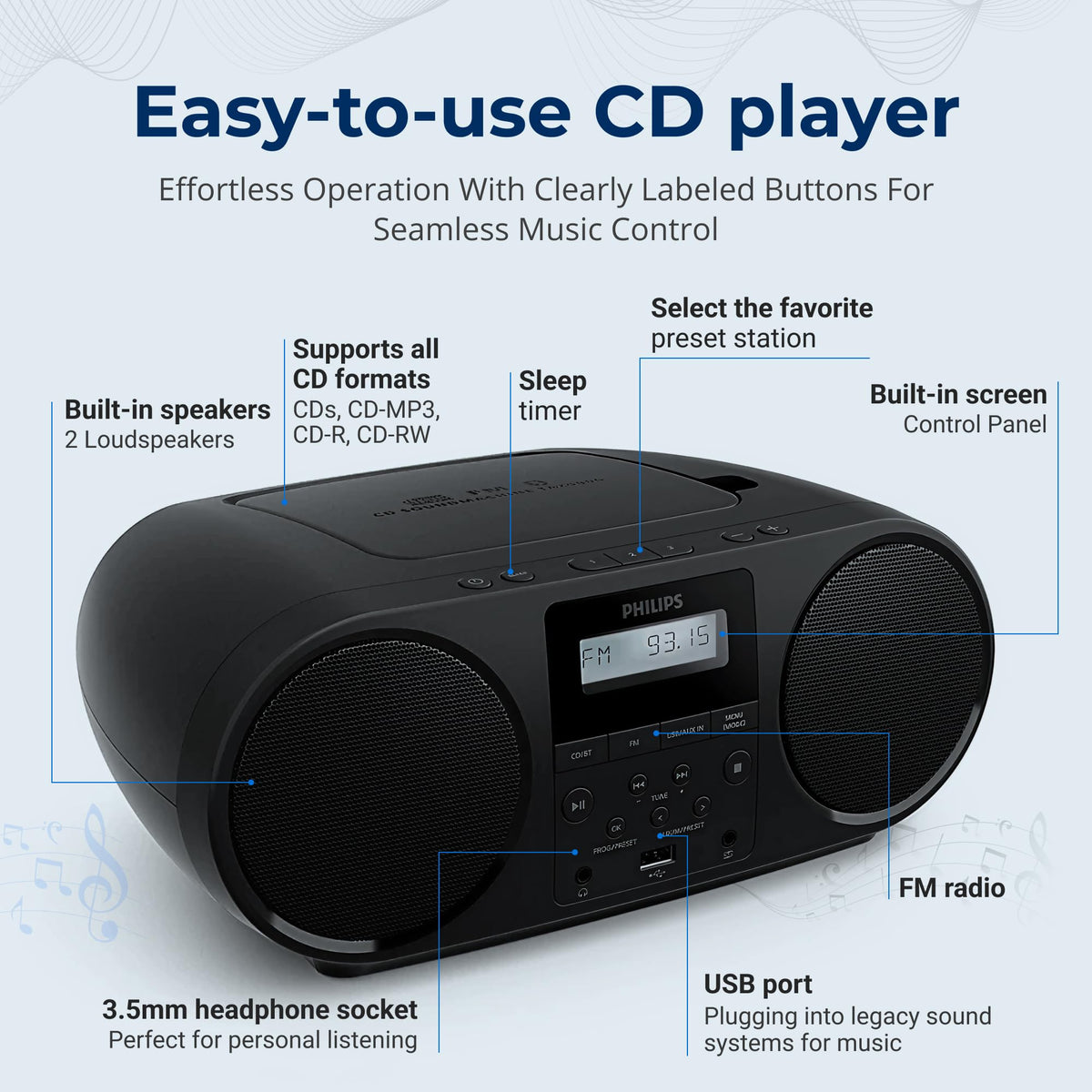Portable CD Player Boombox with Bluetooth FM Radio USB Aux Input F2464