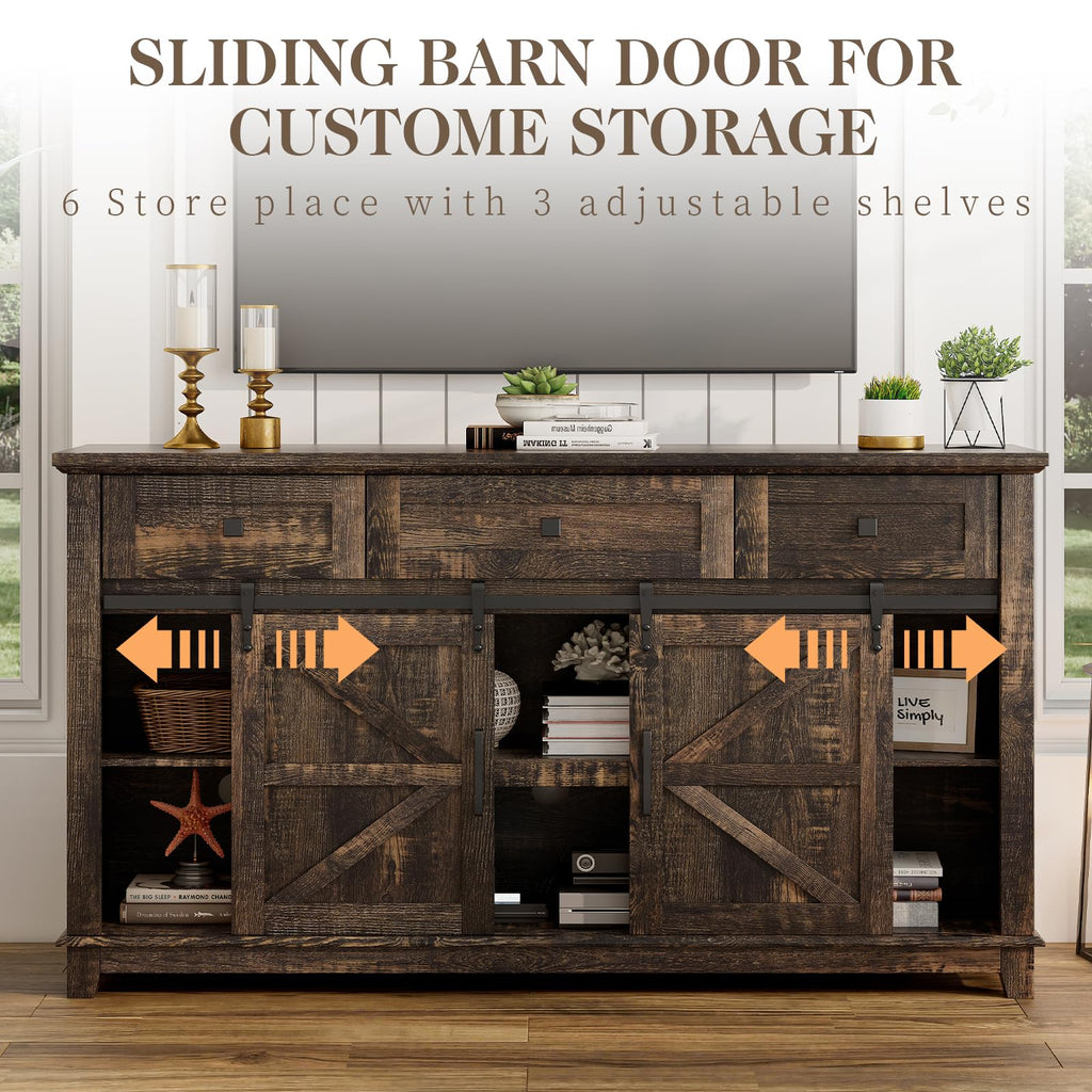 59" Dark Rustic Oak Farmhouse TV Stand with Storage Drawers F7515
