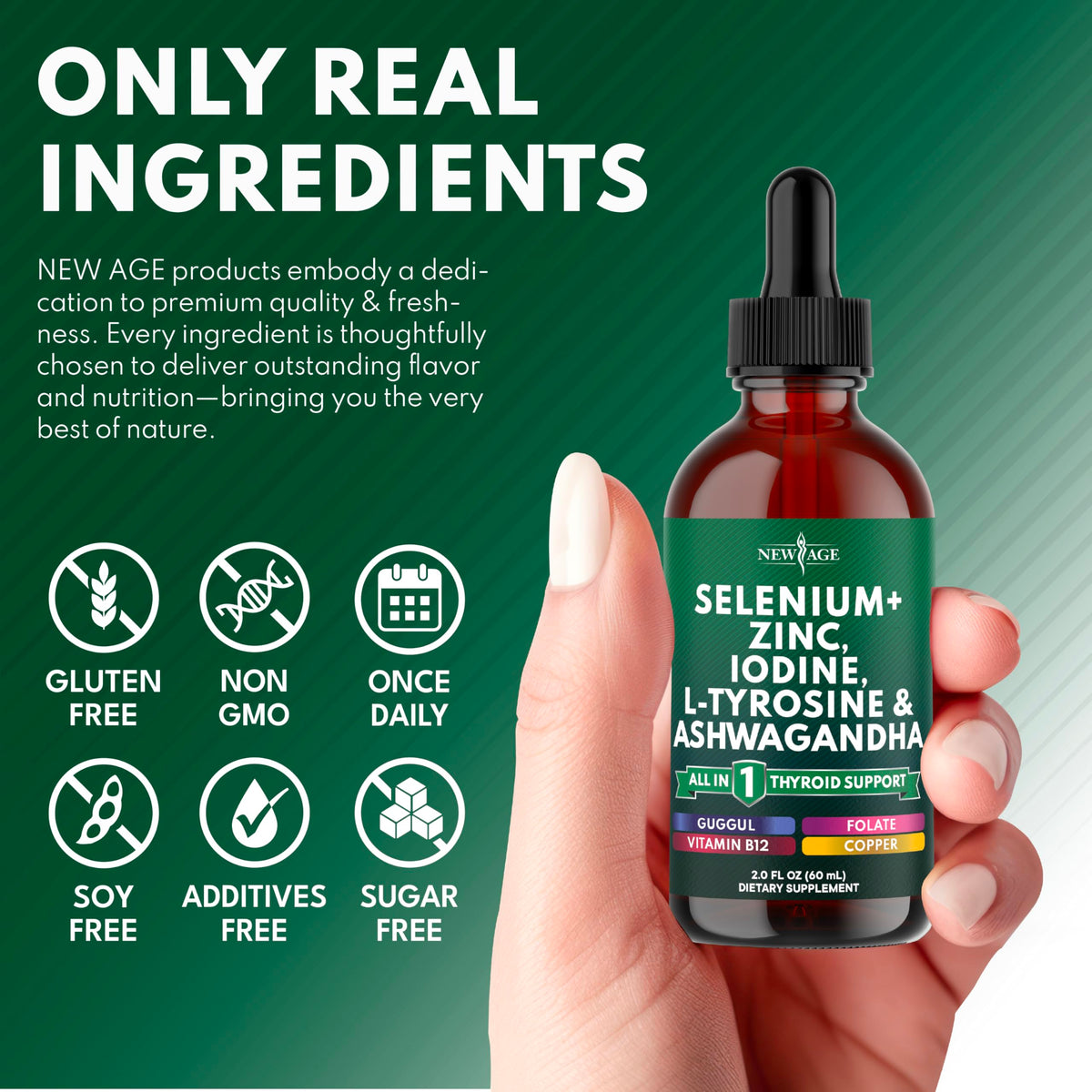 Thyroid Support Drops - Selenium, Zinc, Iodine, L Tyrosine, Ashwagandha, Turmeric, Schisandra Guggu, Cayenne, Basil - Liquid Supplement Folate Copper Alcohol -Free, Vegan, Non-GMO – 4 oz N7130