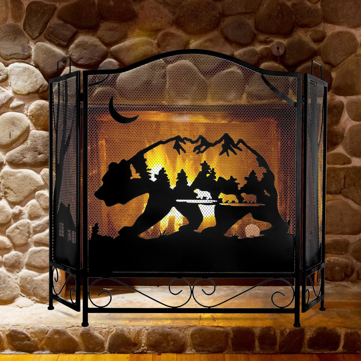 3-Panel Folding Metal Fireplace Screen Black R7809