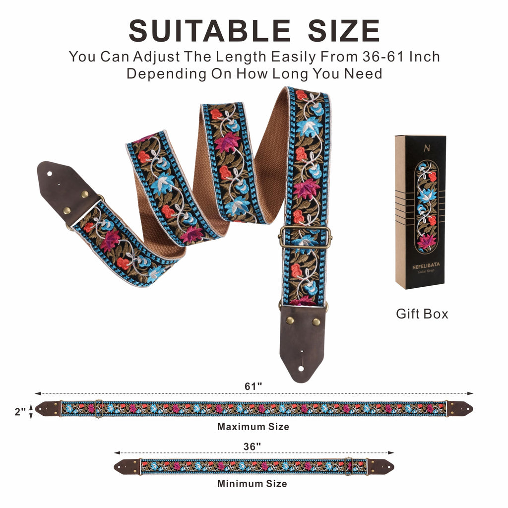 Jacquard Embroidery Cotton Guitar Strap with Leather Ends E503