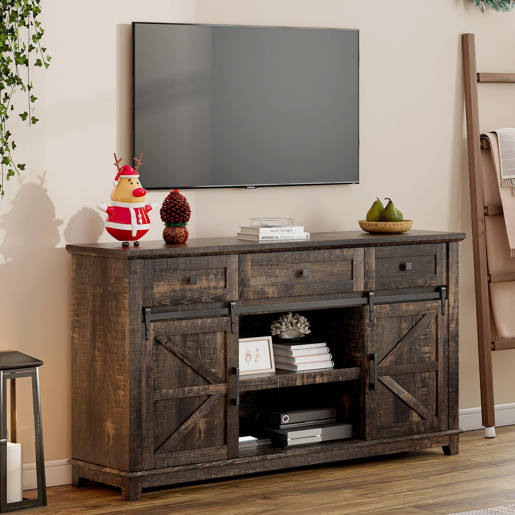 59" Dark Rustic Oak Farmhouse TV Stand with Storage Drawers F7515