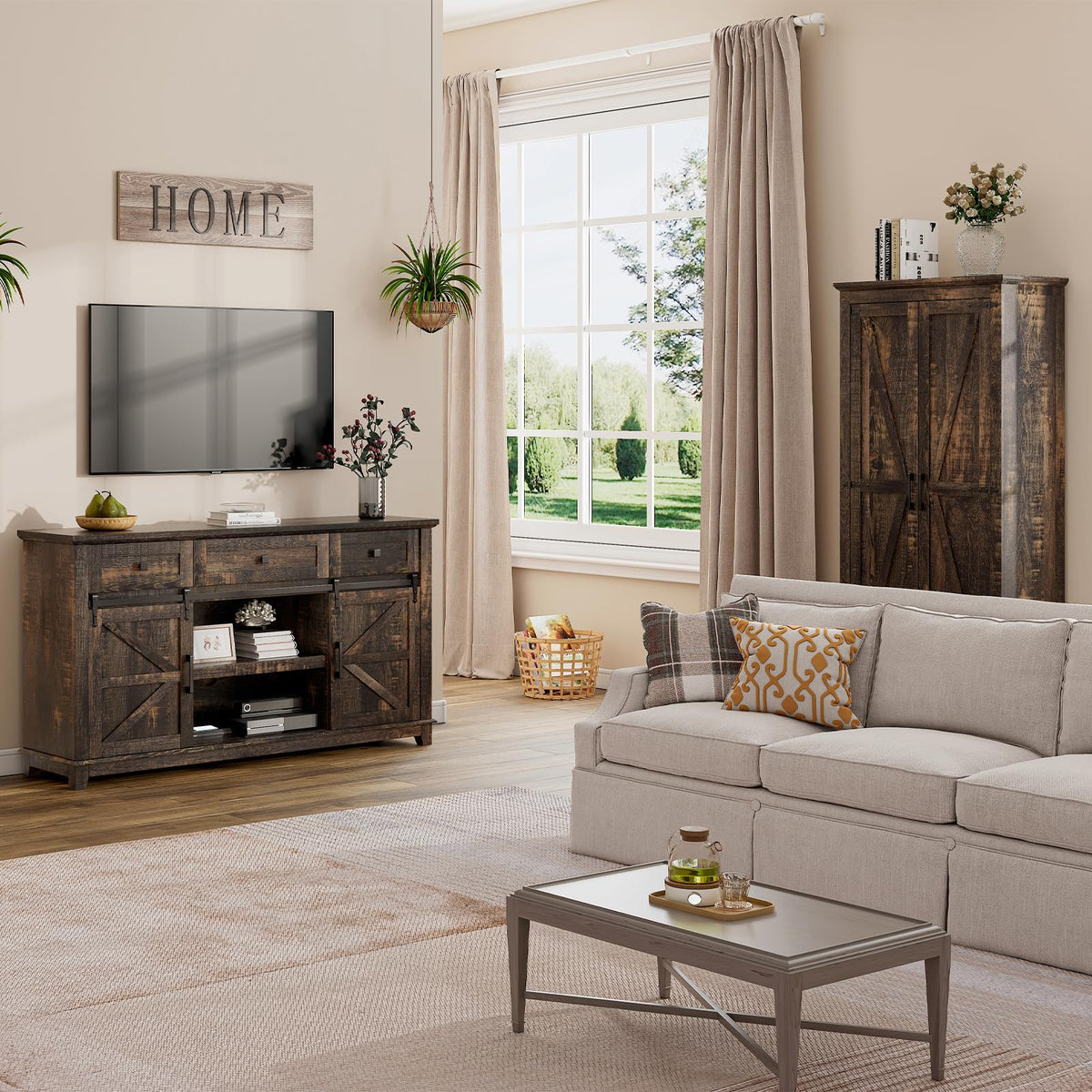 59" Dark Rustic Oak Farmhouse TV Stand with Storage Drawers F7515