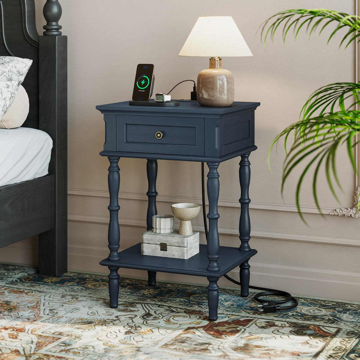 Blue Nightstands Set of 2 with Charging Station & Storage Shelf N73649