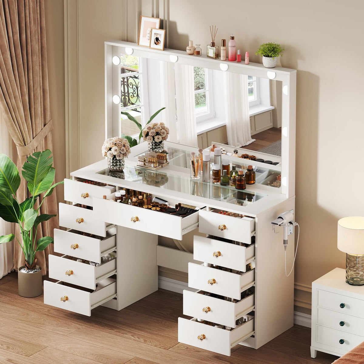 White Vanity Desk with Mirror and 10 LED Lights E398