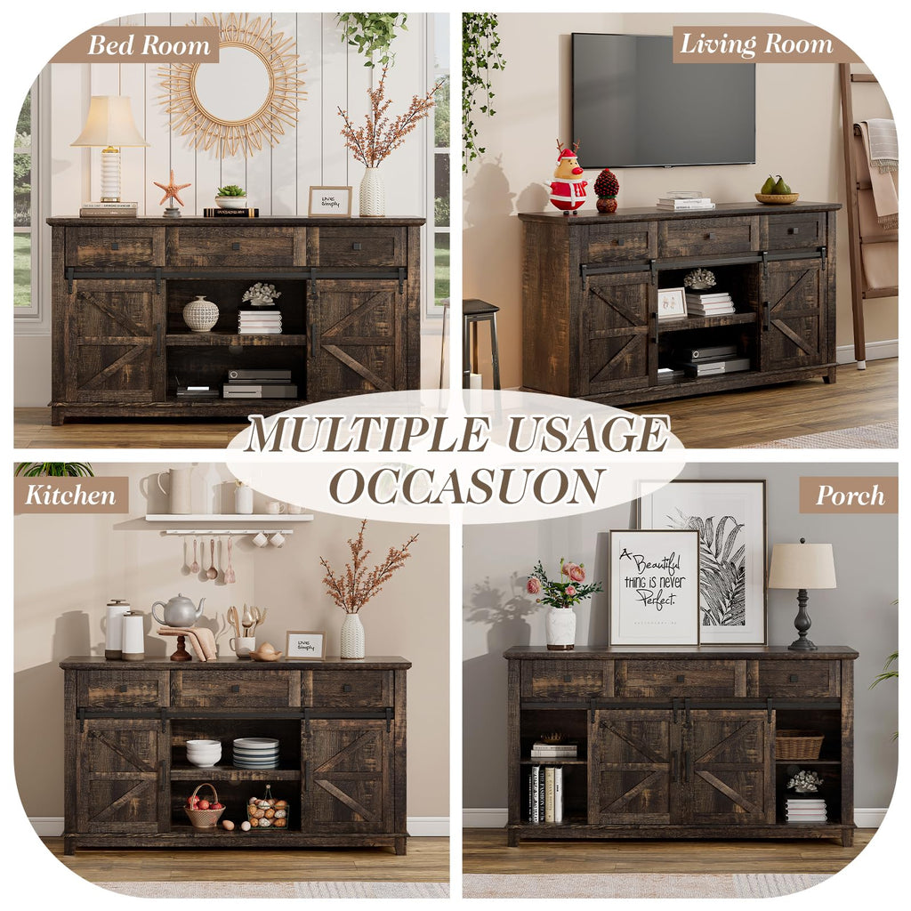 59" Dark Rustic Oak Farmhouse TV Stand with Storage Drawers F7515