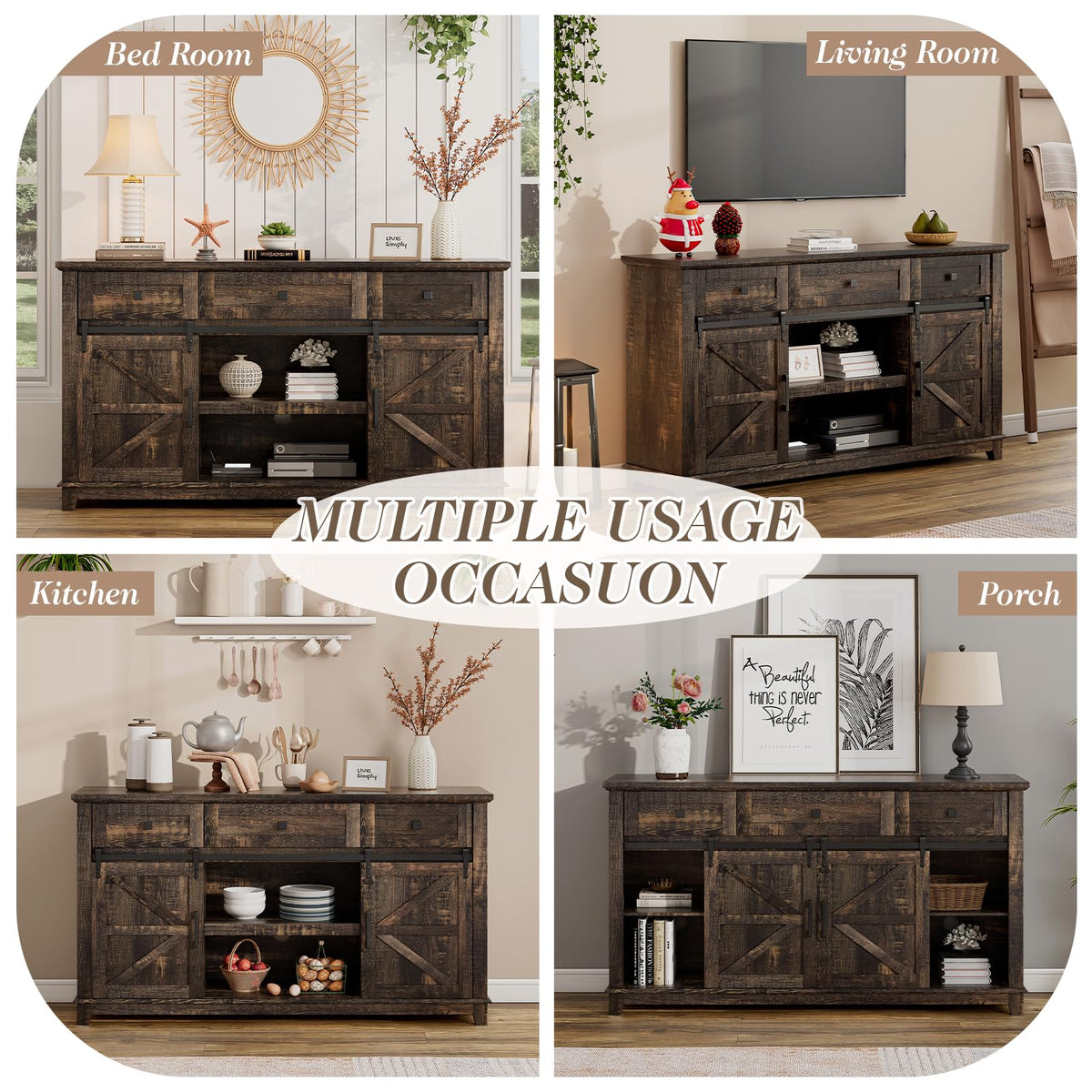 59" Dark Rustic Oak Farmhouse TV Stand with Storage Drawers F7515