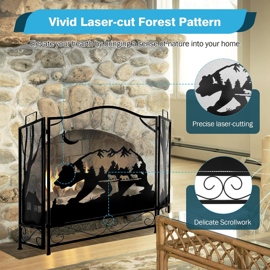 3-Panel Folding Metal Fireplace Screen Black R7809