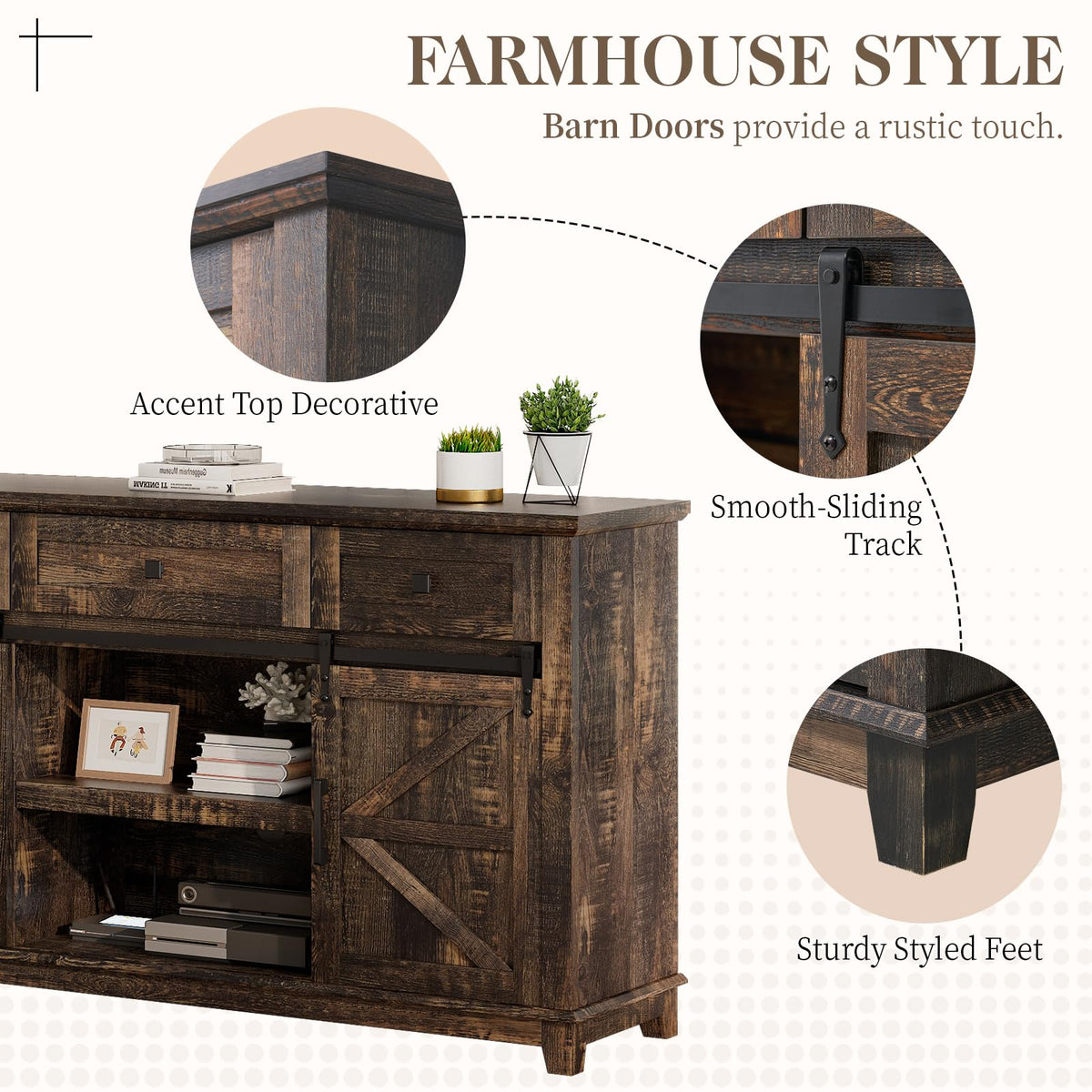 59" Dark Rustic Oak Farmhouse TV Stand with Storage Drawers F7515