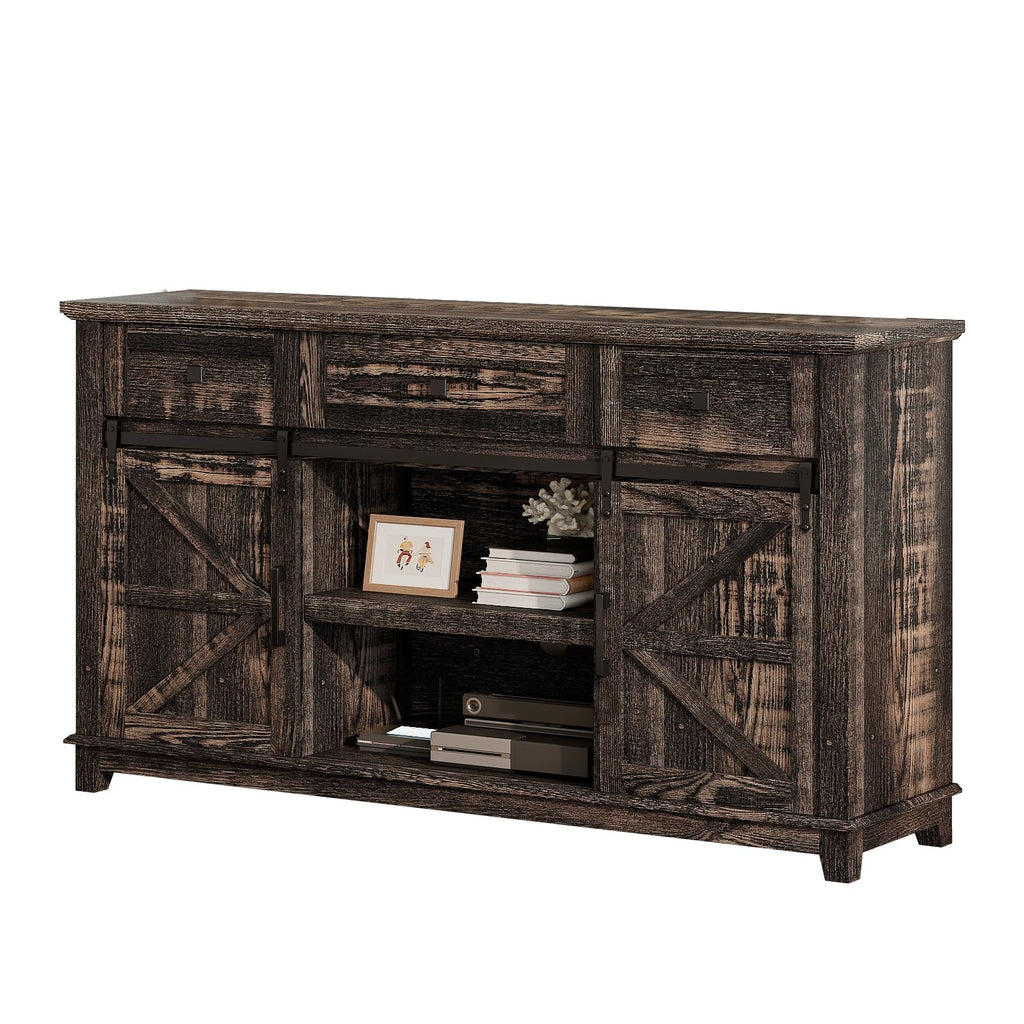 59" Dark Rustic Oak Farmhouse TV Stand with Storage Drawers F7515