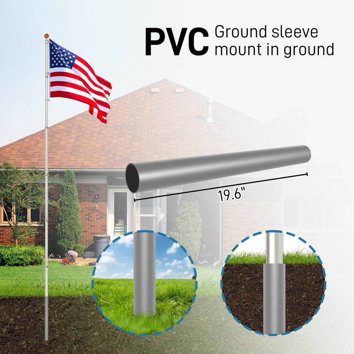 20FT Sectional Heavy Duty Aluminum Flag Pole Kit with 3x5 ft American Flag W825
