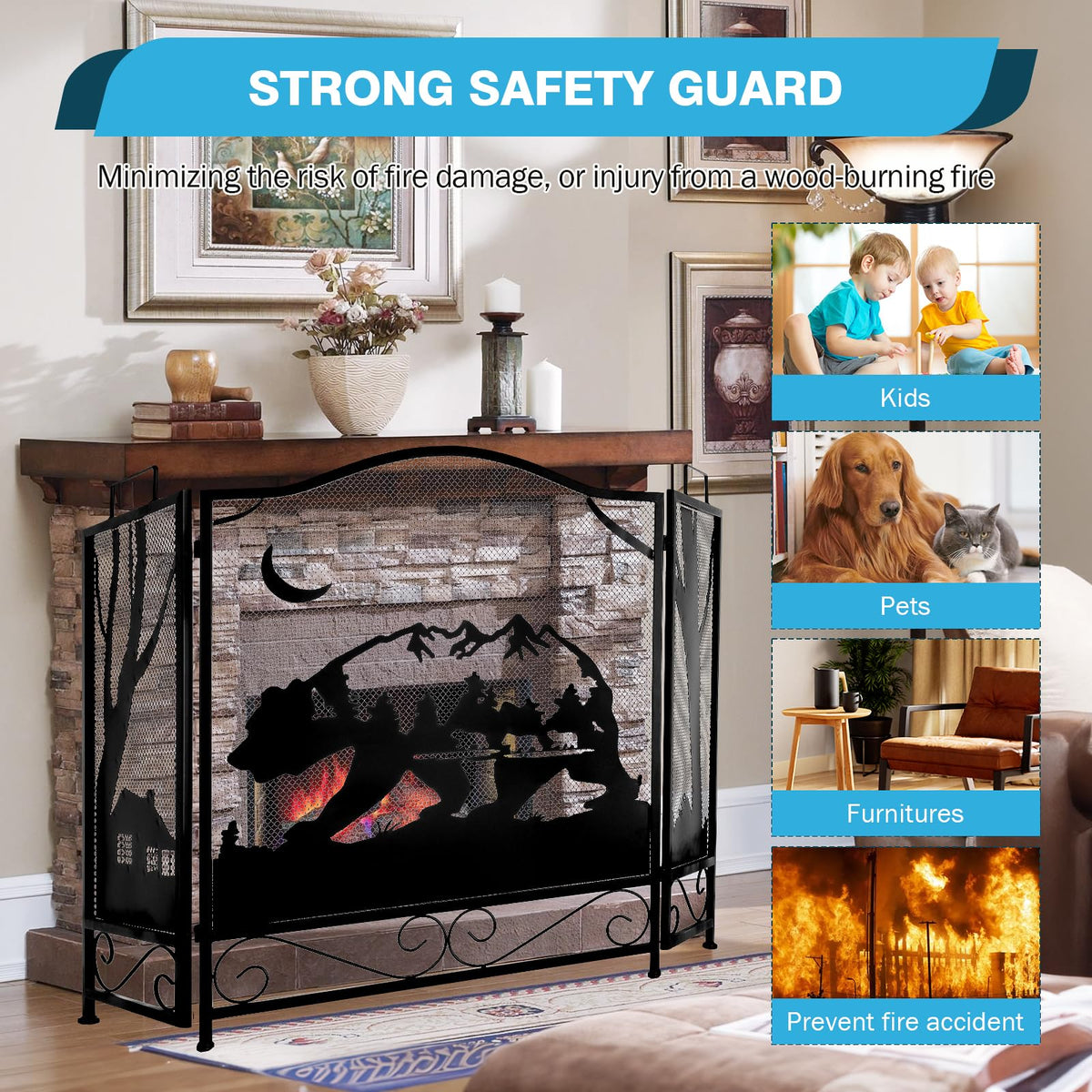 3-Panel Folding Metal Fireplace Screen Black R7809