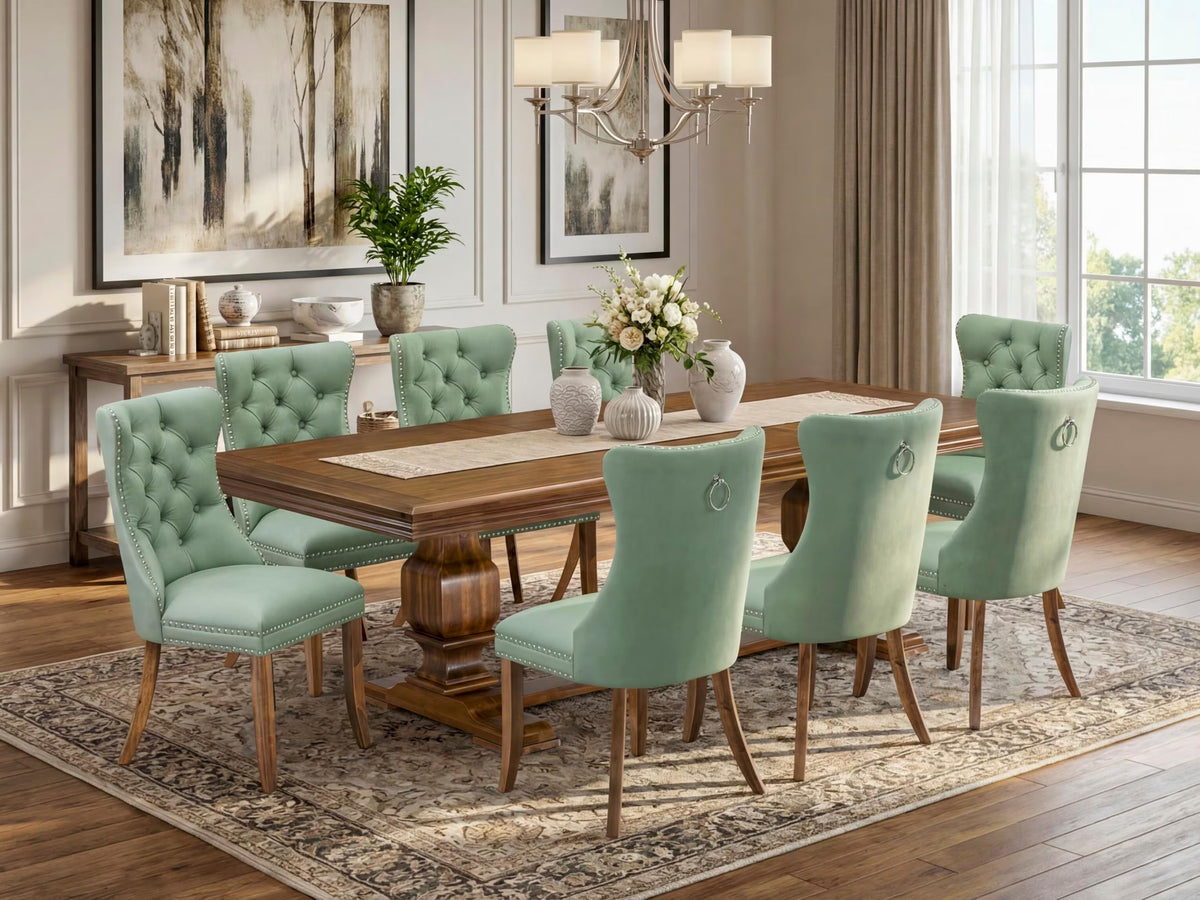 9 Piece Mid-century Dining Table Set with 8 Willow Green Polyester Chairs D6255