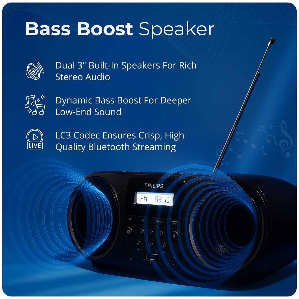 Portable CD Player Boombox with Bluetooth FM Radio USB Aux Input F2464