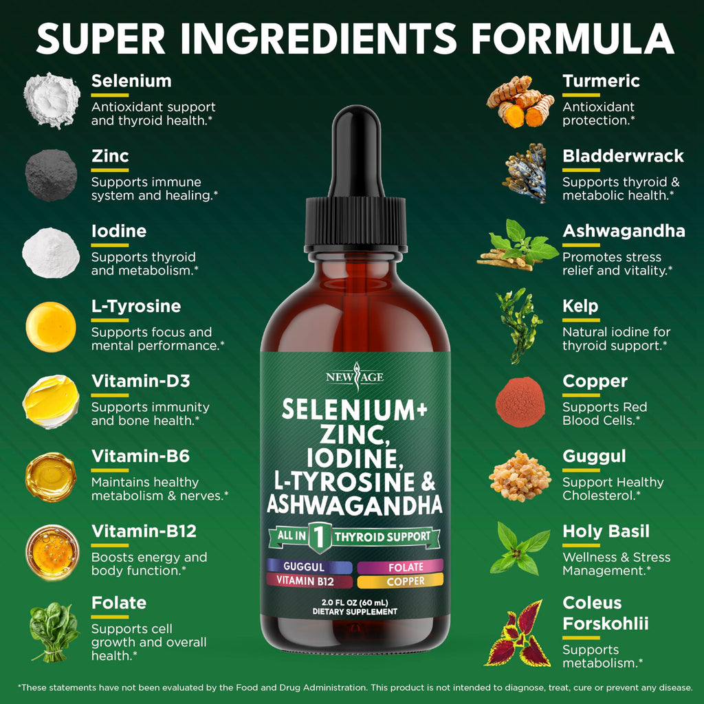 Thyroid Support Drops - Selenium, Zinc, Iodine, L Tyrosine, Ashwagandha, Turmeric, Schisandra Guggu, Cayenne, Basil - Liquid Supplement Folate Copper Alcohol -Free, Vegan, Non-GMO – 4 oz N7130