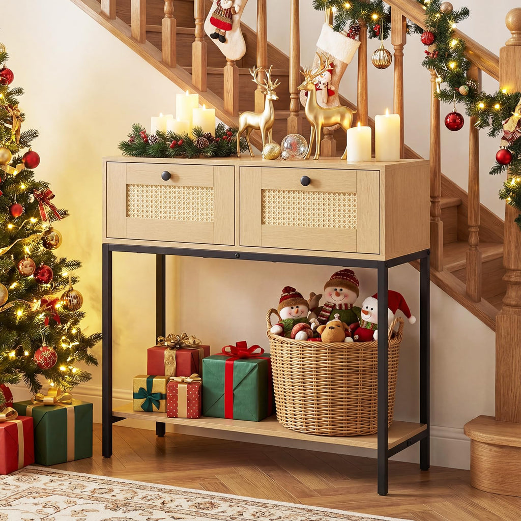 Oak Rattan Console Table with 2 Drawers Q92880