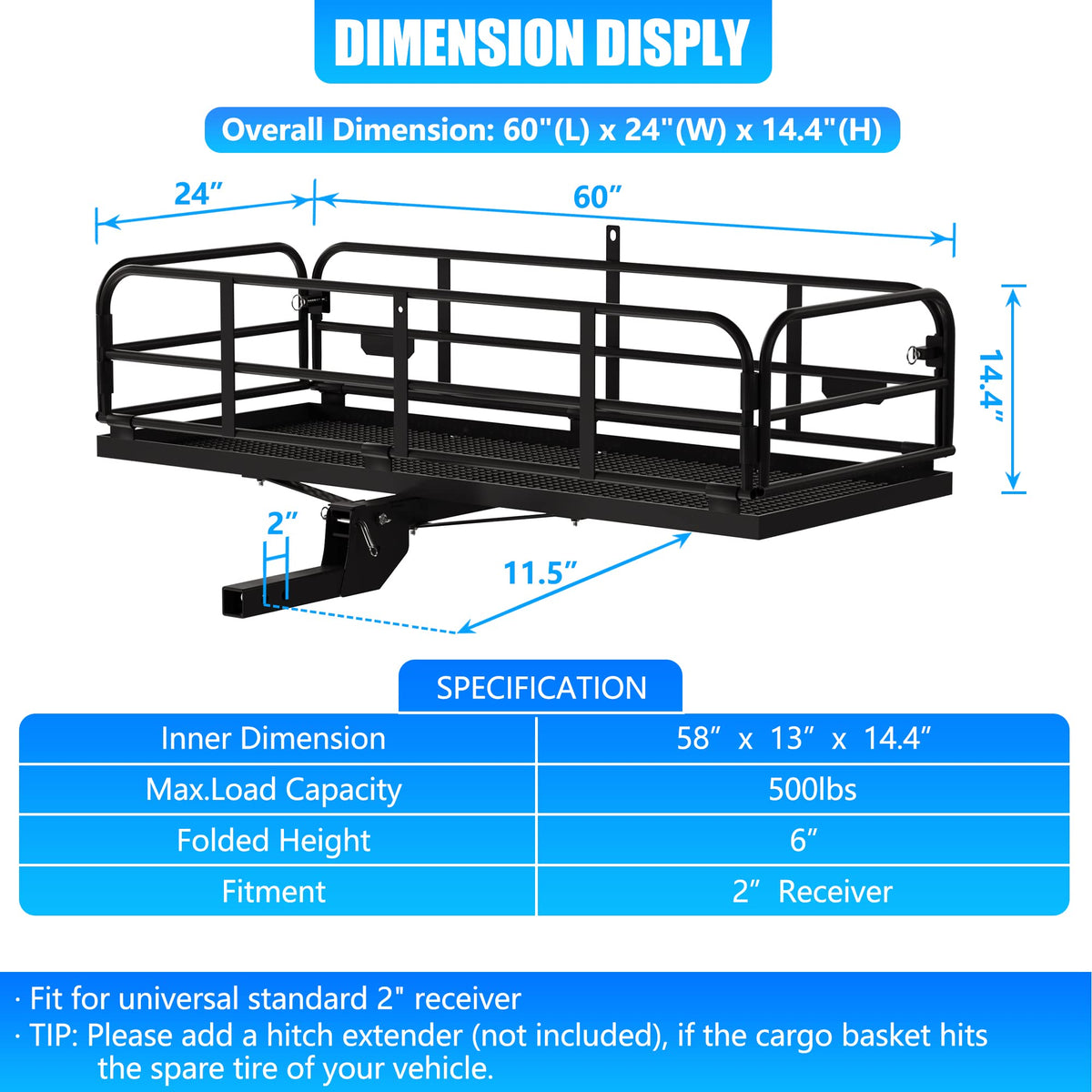 500 Lbs Heavy Duty Hitch Mount Cargo Carrier 60"x24"x14.4" Folding G1707