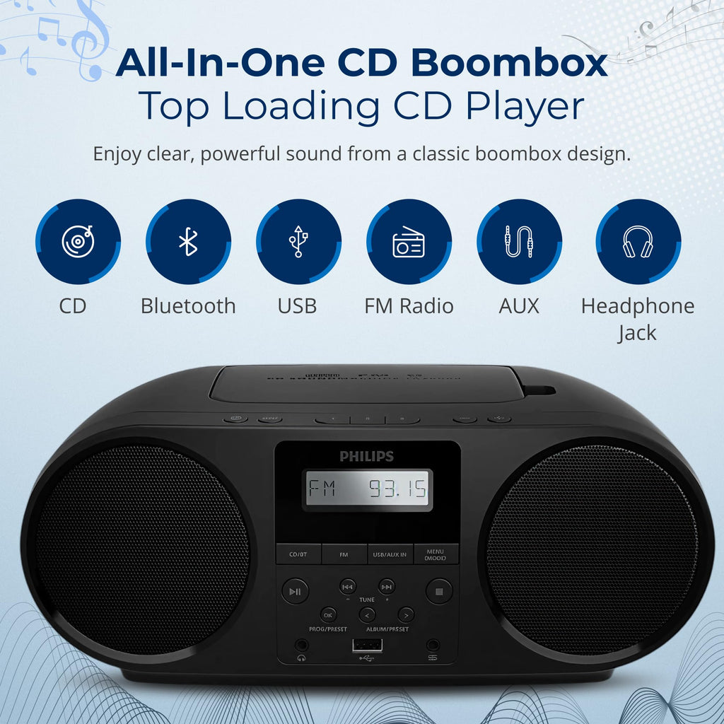 Portable CD Player Boombox with Bluetooth FM Radio USB Aux Input F2464
