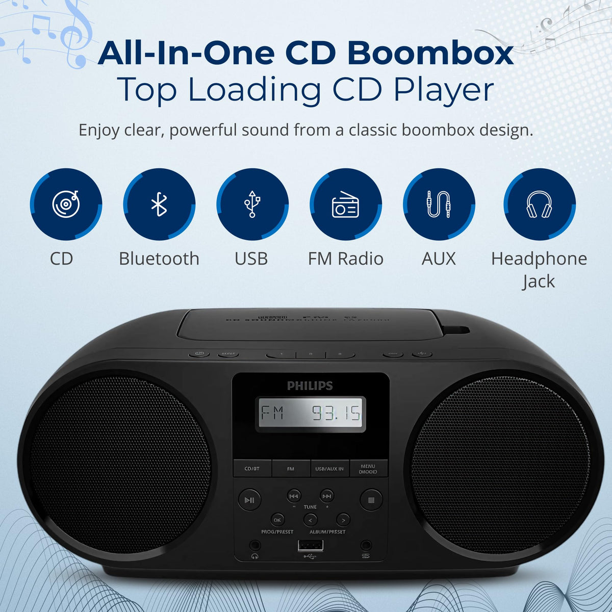 Portable CD Player Boombox with Bluetooth FM Radio USB Aux Input F2464