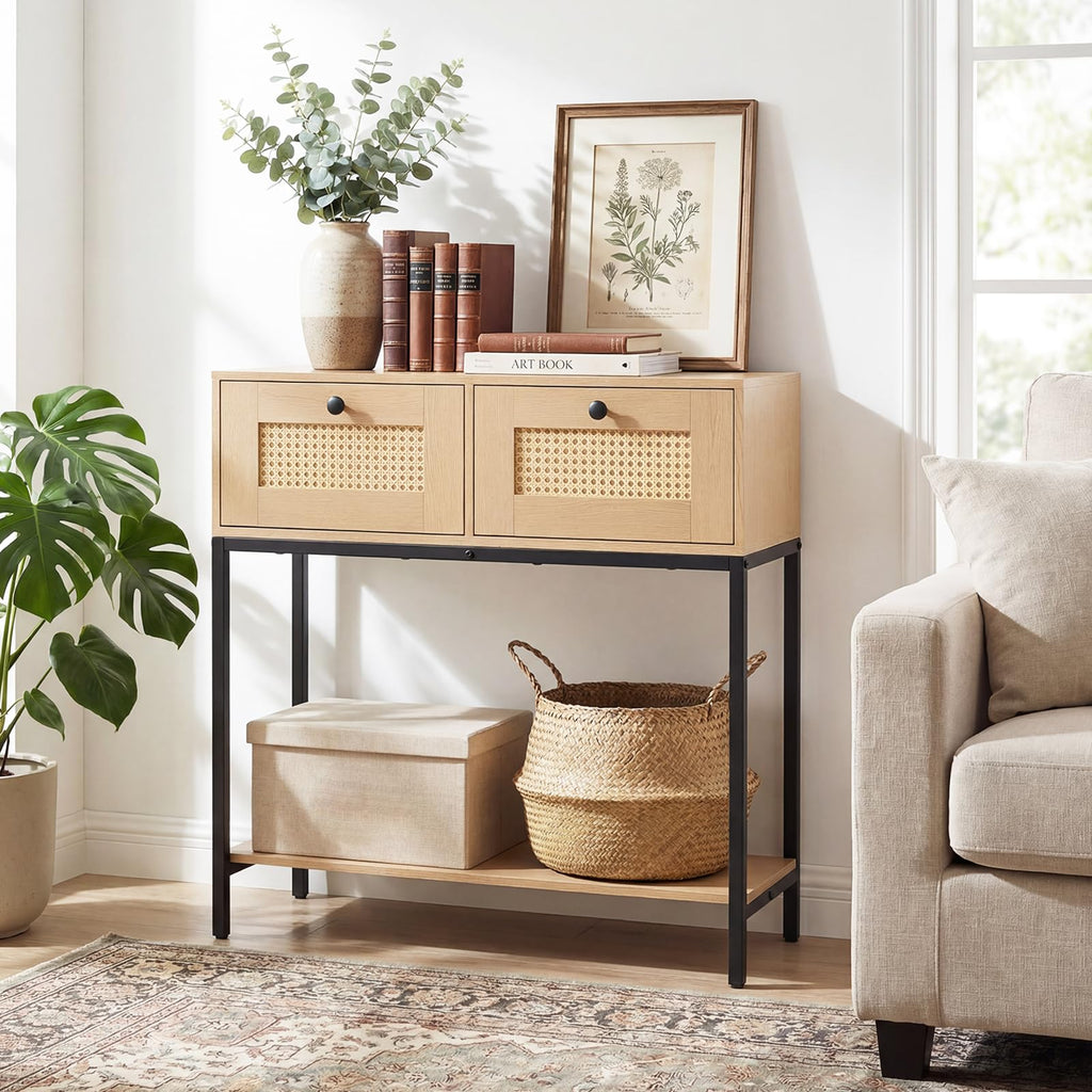 Oak Rattan Console Table with 2 Drawers Q92880