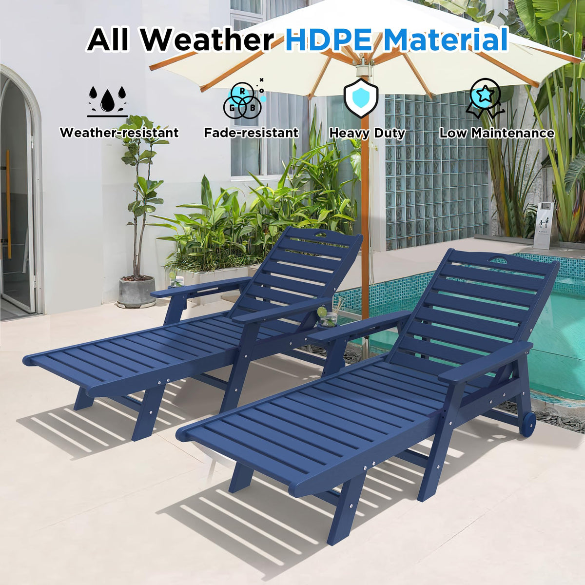 Set of 2 Outdoor Chaise Lounge Chairs with Wheels & Cup Holder M8456