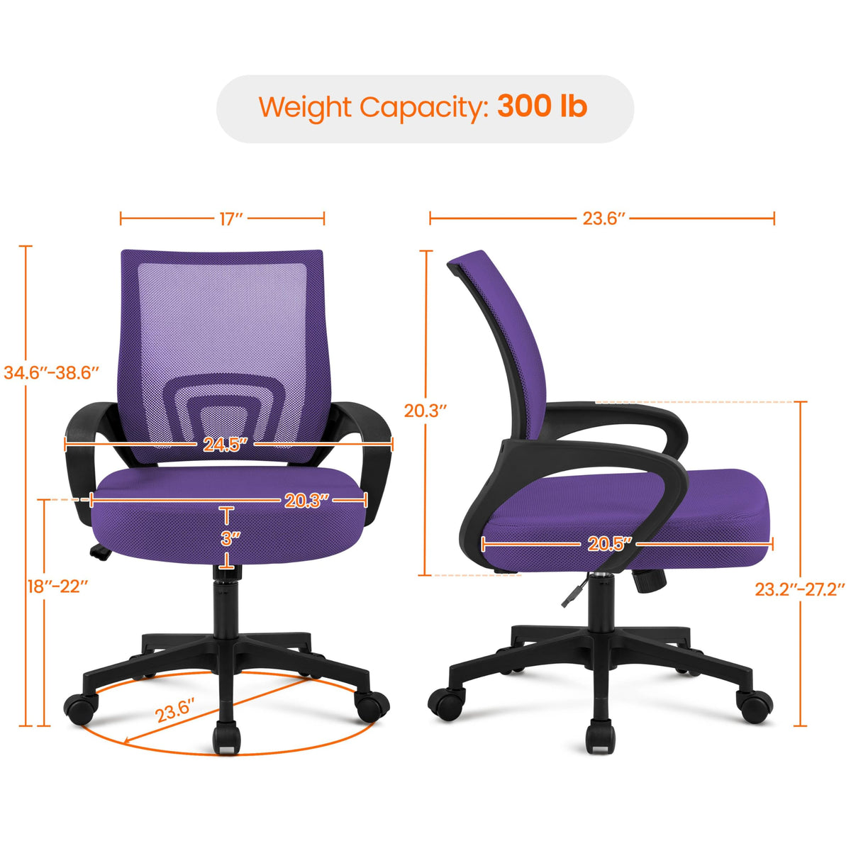 Purple Mesh Office Chairs with Lumbar Support, Set of 2 Y5535