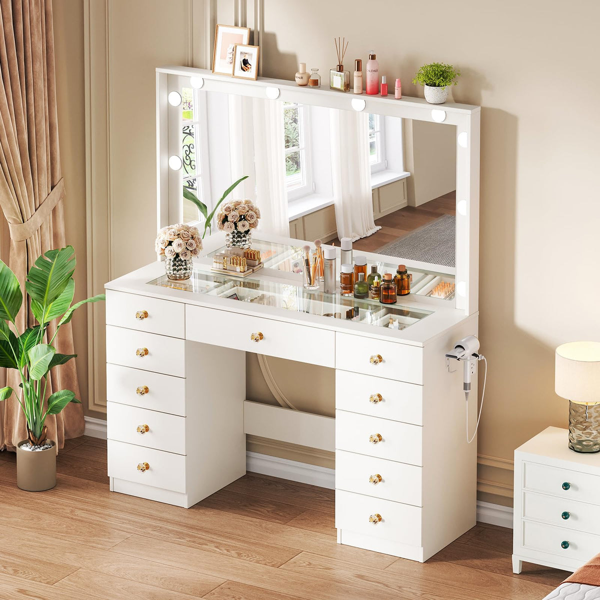 White Vanity Desk with Mirror and 10 LED Lights E398