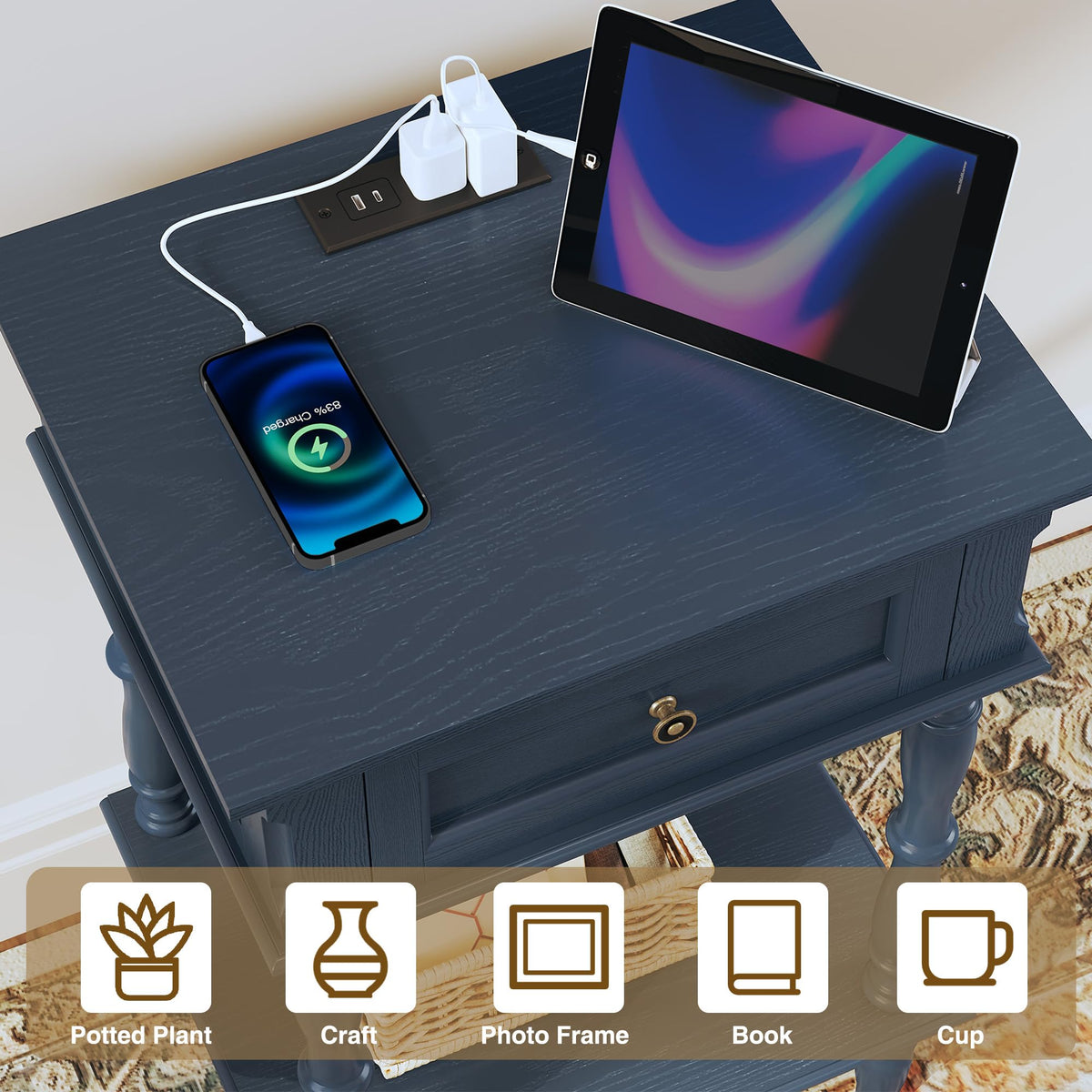 Blue Nightstands Set of 2 with Charging Station & Storage Shelf N73649