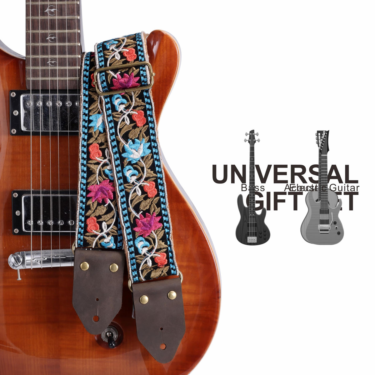Jacquard Embroidery Cotton Guitar Strap with Leather Ends E503