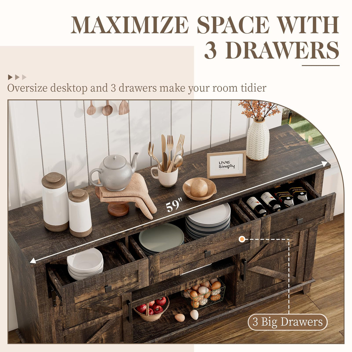 59" Dark Rustic Oak Farmhouse TV Stand with Storage Drawers F7515
