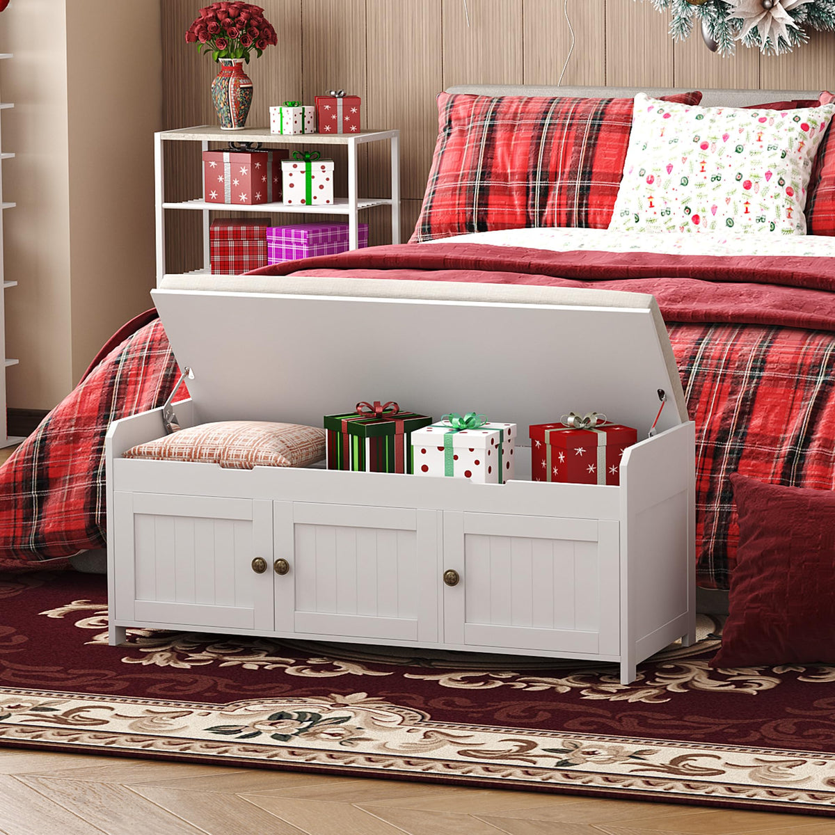 White Lift Top Storage Shoe Bench with Cushioned Seat A25158