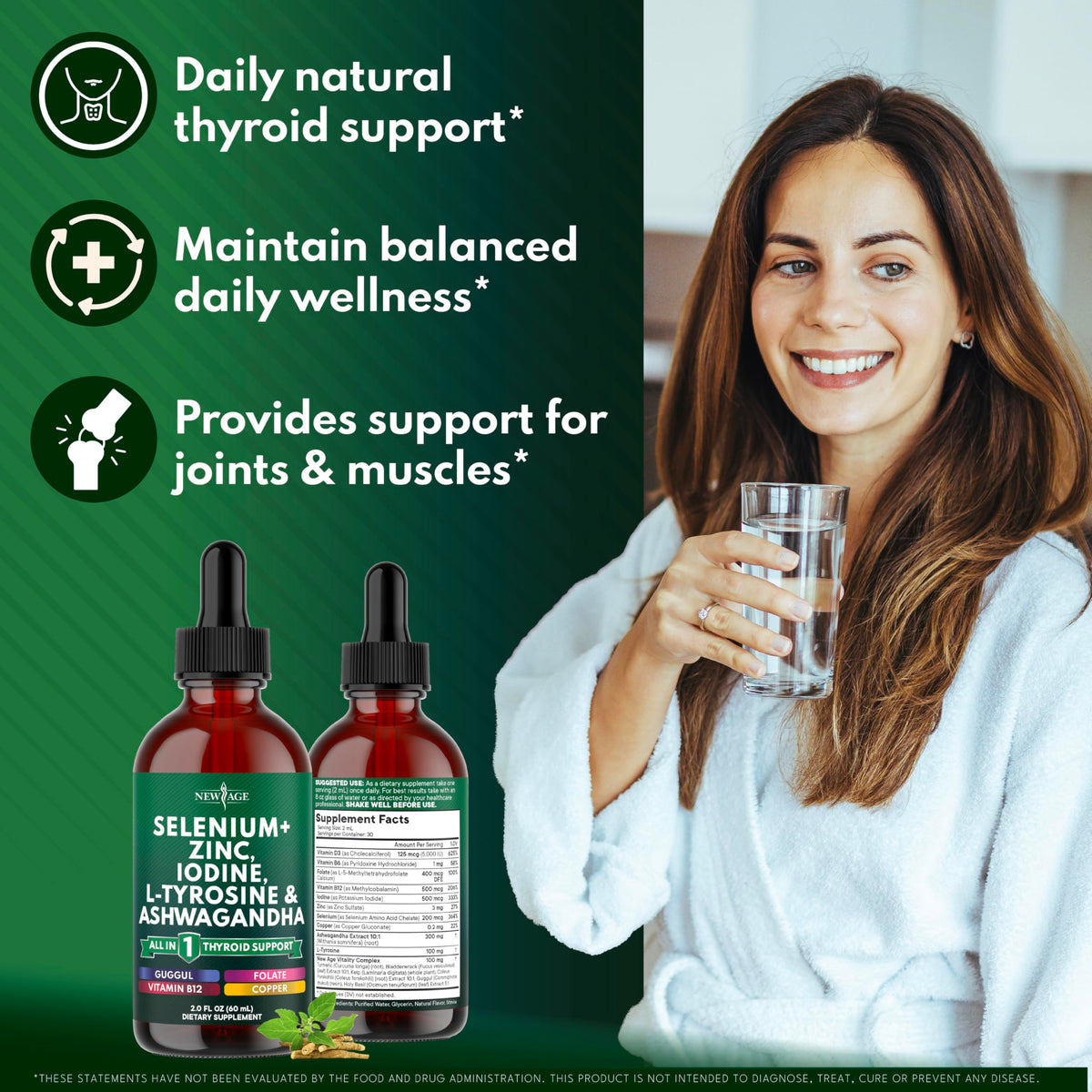 Thyroid Support Drops - Selenium, Zinc, Iodine, L Tyrosine, Ashwagandha, Turmeric, Schisandra Guggu, Cayenne, Basil - Liquid Supplement Folate Copper Alcohol -Free, Vegan, Non-GMO – 4 oz N7130