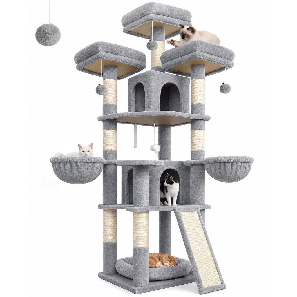 70 Inch Light Grey Cat Tree with Scratching Post U98382