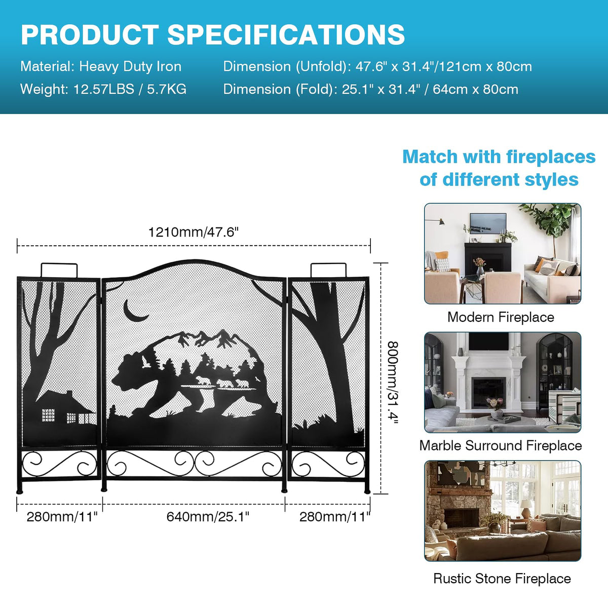 3-Panel Folding Metal Fireplace Screen Black R7809