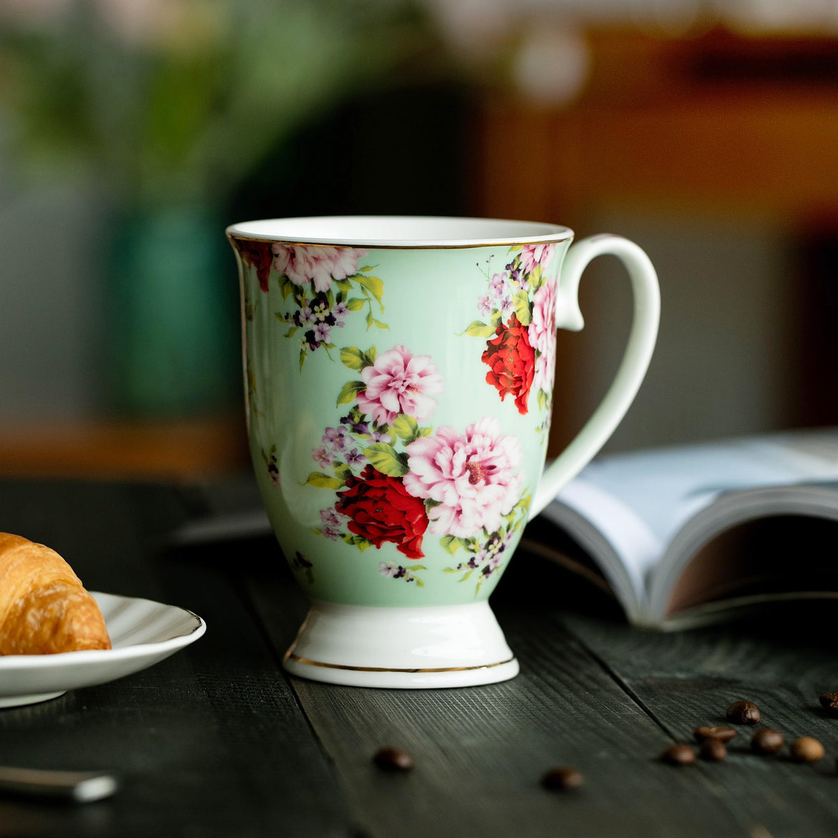 12 oz Set of 6 Floral Porcelain Coffee Mugs J540