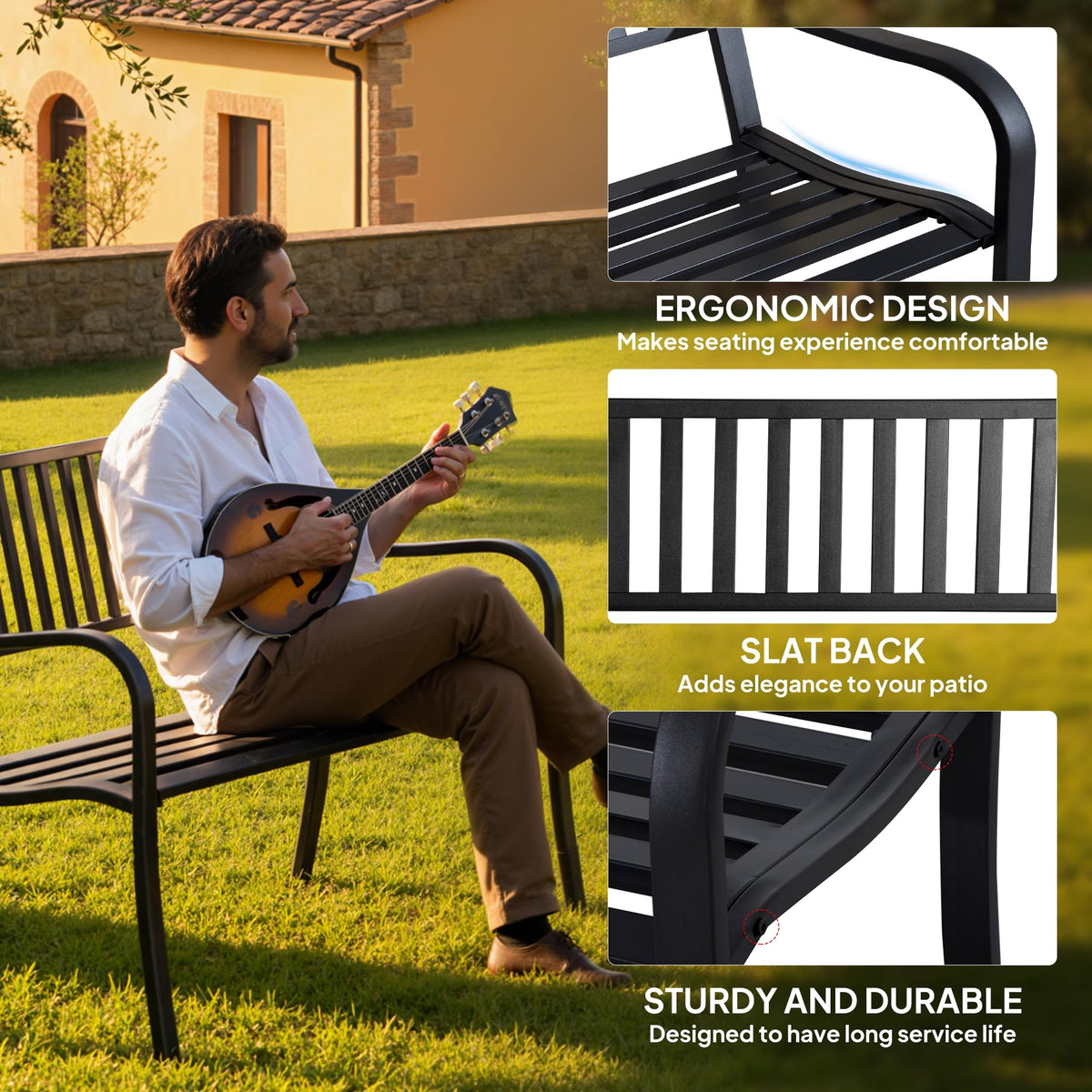 50" Outdoor Garden Bench with Slatted Seat Metal Black K992